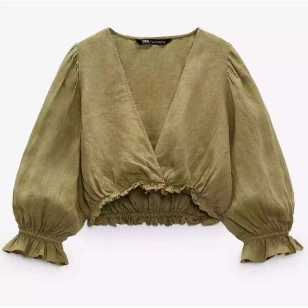 Zara Top NWT Womens MED Green Linen Crop Ruffle Stretch Blouse Balloon Sleeve